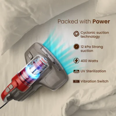 Grand Bed Vacuum Cleaner, Cyclonic Technology for Dust Collection, UV Light Sterilization, 12kPa Suction Power, Suitable for Bed, Sofa, Pillow and Other Fabric Surfaces, Grey & Black - Image 4