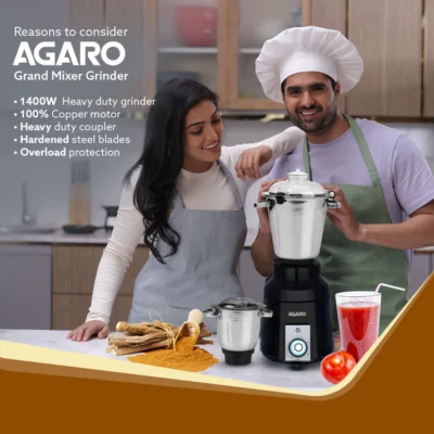 Grand Commercial Mixer Grinder 1400W, Heavy Duty, 100% Pure Copper Motor, Stainless Steel Jar, 3 Speed with Incher, Stainless Steel Blades, Wet & Dry Grinding, Black & Grey - Image 6