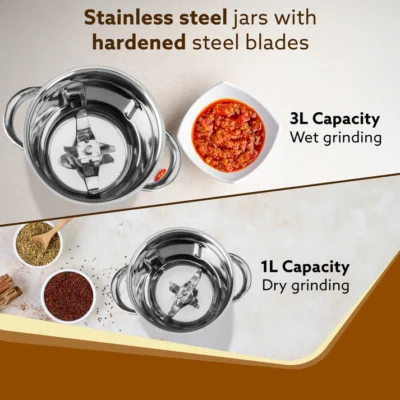 Grand Commercial Mixer Grinder 1400W, Heavy Duty, 100% Pure Copper Motor, Stainless Steel Jar, 3 Speed with Incher, Stainless Steel Blades, Wet & Dry Grinding, Black & Grey - Image 3