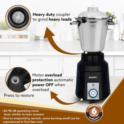 Grand Commercial Mixer Grinder 1400W, Heavy Duty, 100% Pure Copper Motor, Stainless Steel Jar, 3 Speed with Incher, Stainless Steel Blades, Wet & Dry Grinding, Black & Grey - Image 2