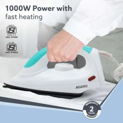 Grand Electric Dry Iron, 1000W, Non- Stick Coated Sole Plate, Fast Heating, Removes Wrinkle, Creases, Green & White - Image 2