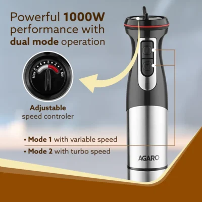Grand Plus 6 in 1 Hand Blender 1000W, 100% Copper Motor, 2 Variable Speed Modes & Speed Regulator, Stainless Steel Blades, Chopper, Whisker, Multipurpose Jar, frother, slicer, shredder, Black - Image 5