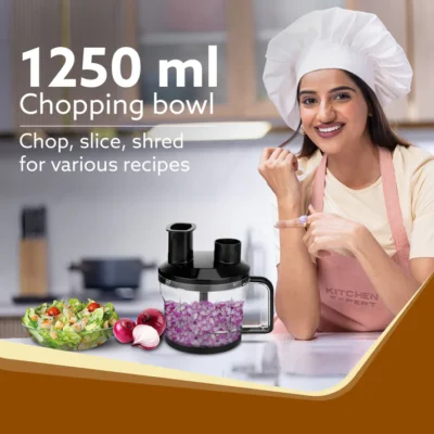 Grand Plus 6 in 1 Hand Blender 1000W, 100% Copper Motor, 2 Variable Speed Modes & Speed Regulator, Stainless Steel Blades, Chopper, Whisker, Multipurpose Jar, frother, slicer, shredder, Black - Image 4