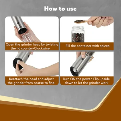Gravity Salt & Pepper Automatic Grinder, Refillable, Adjustable Coarseness, Gravity Electric Salt Pepper Mill & Shaker, Rechargeable, Stainless Steel - Image 3