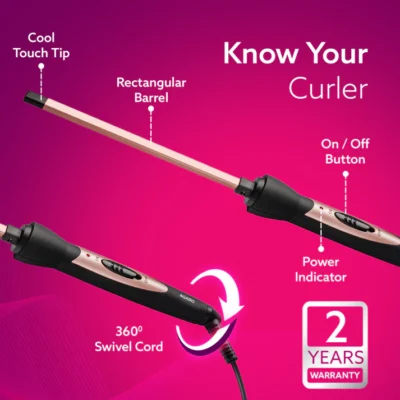 HC9007 Hair Curler With 7 MM Barrel, Rod, Tong, Chopstick Rectangular Hair Curler, Ceramic Coated Plates, Cool Touch Tip, Fast Heating, For Men Women, Maggie Curl, Hair Curling, Styling, Rose Gold & Black - Image 3