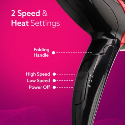 HD1177 Hair Dryer with 1000 Watts Copper Motor, 2 Speed & Temperature Settings, Foldable Handle, For both Men & Women, Black & Red - Image 5