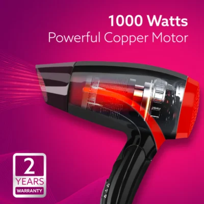 HD1177 Hair Dryer with 1000 Watts Copper Motor, 2 Speed & Temperature Settings, Foldable Handle, For both Men & Women, Black & Red - Image 4