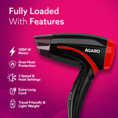 HD1177 Hair Dryer with 1000 Watts Copper Motor, 2 Speed & Temperature Settings, Foldable Handle, For both Men & Women, Black & Red - Image 3