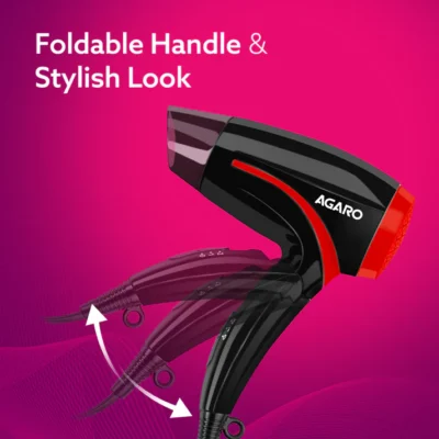 HD1177 Hair Dryer with 1000 Watts Copper Motor, 2 Speed & Temperature Settings, Foldable Handle, For both Men & Women, Black & Red - Image 2
