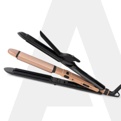 4 in1 hair Straightener, Wavy Hair, Crimper, Curler, Hair Styler, Keratin Infused Ceramic Coated Plate, Variable Style Settings, Hair Styling, Black & Rose Gold, HS1719