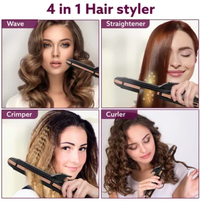 4 in1 hair Straightener, Wavy Hair, Crimper, Curler, Hair Styler, Keratin Infused Ceramic Coated Plate, Variable Style Settings, Hair Styling, Black & Rose Gold, HS1719 - Image 3