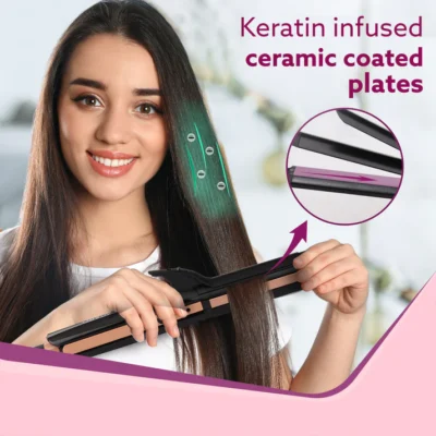 4 in1 hair Straightener, Wavy Hair, Crimper, Curler, Hair Styler, Keratin Infused Ceramic Coated Plate, Variable Style Settings, Hair Styling, Black & Rose Gold, HS1719 - Image 2