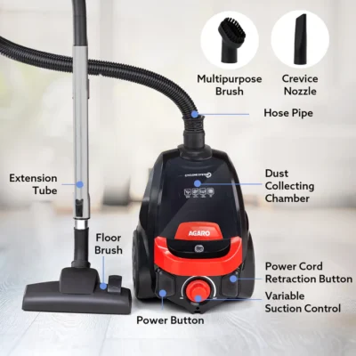 ICON Bagless Vacuum Cleaner , 1600Watts, For Home Use, Cyclonic Suction System, 24 kPa S uction power, Adjustable Suction Controller, Dry Vacuuming, 1.5L Bagless Dust Collector, Black and Red - Image 2