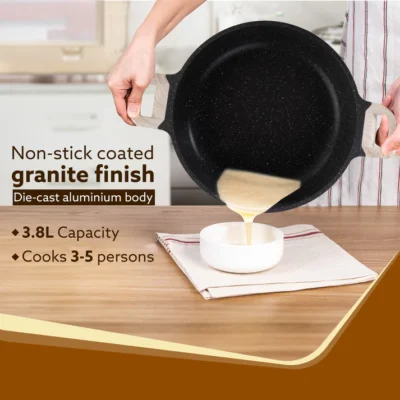 Imperial Granite Non Stick Kadhai with Glass Lid, 3.8L / 28cm,Kadai , Deep Frying Pan, Biryani Pot, Cast Aluminium Body, Gas & Induction Compatible, Dark Grey - Image 4