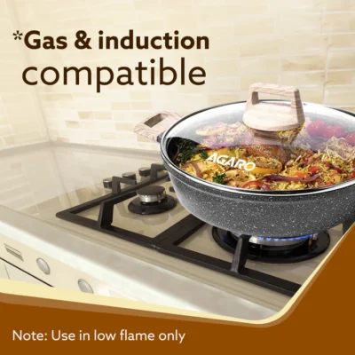 Imperial Granite Non Stick Kadhai with Glass Lid, 3.8L / 28cm,Kadai , Deep Frying Pan, Biryani Pot, Cast Aluminium Body, Gas & Induction Compatible, Dark Grey - Image 3