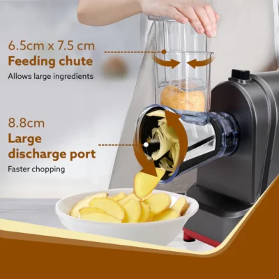 Marvel Electric Grater & Slice Machine,250W Professional Electric Cheese Grater, Automatic Electric Grater for Fruits, Cheeses & Vegetables, 5 Free Attachments, Grey & Red - Image 4