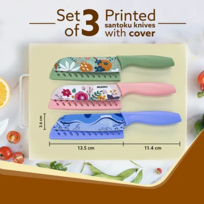 Printed Knife Set, Stainless Steel Knife for Kitchen Use, Set of 3 (Blue, Green, Pink) - Image 3