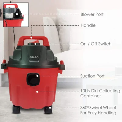Rapid Vacuum Cleaner,1000W,Wet&Dry,for Home, Plastic Body,Red,10 Liter, Cartridge - Image 4