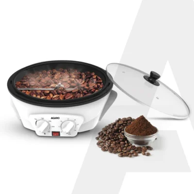 Regal Coffee Roaster, 750 Grams Capacity, 283mm Dia, Ceramic Coated Inner Pan, 3 Roasting Effect With Adjustable Temperature & Timer, 1200W, Stainless Steel Blade, Toughened Glass Lid, White