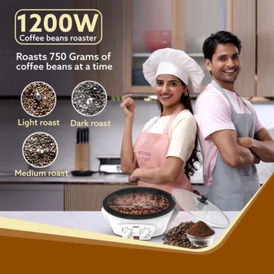 Regal Coffee Roaster, 750 Grams Capacity, 283mm Dia, Ceramic Coated Inner Pan, 3 Roasting Effect With Adjustable Temperature & Timer, 1200W, Stainless Steel Blade, Toughened Glass Lid, White - Image 5