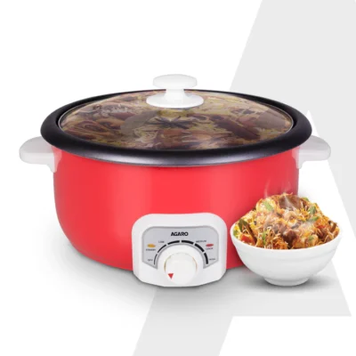 Regal Electric Multi Cooking Pot, 3L, 1200W, Automatic Boiler, Steamer, Fryer, Aluminium Pot, Glass Lid, Adjustable Temperature Control, Keep Warm, Rice, Veggies, Red