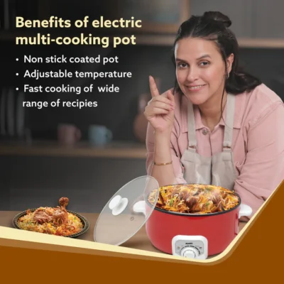 Regal Electric Multi Cooking Pot, 3L, 1200W, Automatic Boiler, Steamer, Fryer, Aluminium Pot, Glass Lid, Adjustable Temperature Control, Keep Warm, Rice, Veggies, Red - Image 6