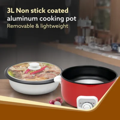 Regal Electric Multi Cooking Pot, 3L, 1200W, Automatic Boiler, Steamer, Fryer, Aluminium Pot, Glass Lid, Adjustable Temperature Control, Keep Warm, Rice, Veggies, Red - Image 5