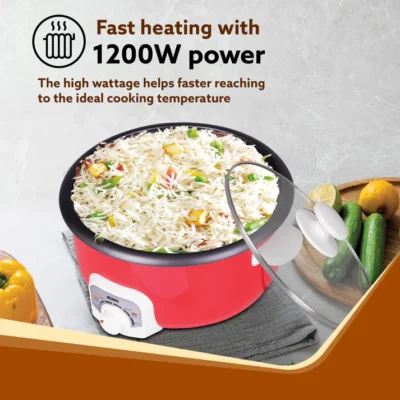 Regal Electric Multi Cooking Pot, 3L, 1200W, Automatic Boiler, Steamer, Fryer, Aluminium Pot, Glass Lid, Adjustable Temperature Control, Keep Warm, Rice, Veggies, Red - Image 4