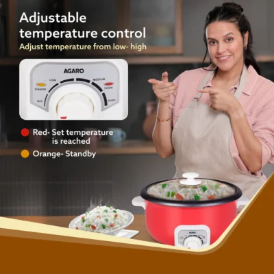 Regal Electric Multi Cooking Pot, 3L, 1200W, Automatic Boiler, Steamer, Fryer, Aluminium Pot, Glass Lid, Adjustable Temperature Control, Keep Warm, Rice, Veggies, Red - Image 3