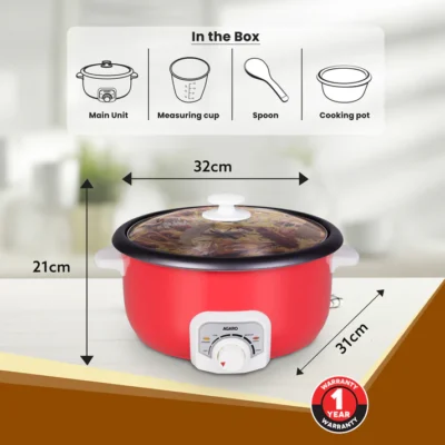Regal Electric Multi Cooking Pot, 3L, 1200W, Automatic Boiler, Steamer, Fryer, Aluminium Pot, Glass Lid, Adjustable Temperature Control, Keep Warm, Rice, Veggies, Red - Image 2