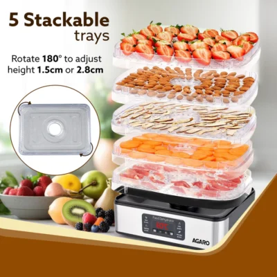 Regal Food Dehydrator, 5 Stackable Stainless Steel Trays, Digital Adjustable Timer & Temperature Control, Food Preserver Machine with Drying Capacity for Fruits, herbs, Veggies, Silver - Image 4