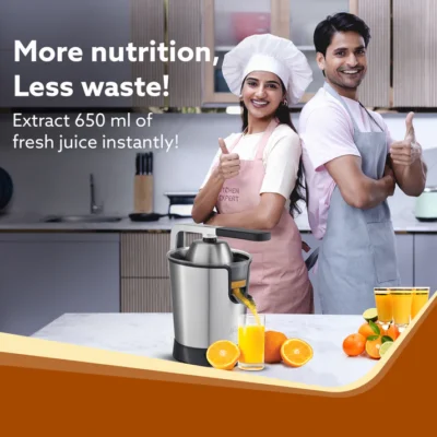 Regency Electric Citrus Juicer 350W, 650 ml, Pulp Regulator, AC Copper Motor, 2 Cones For All Citrus fruits, 2 filters, Anti Drip, Stainless Steel Body, Silver & Black - Image 5