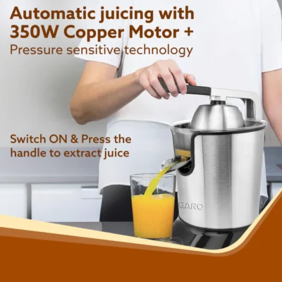 Regency Electric Citrus Juicer 350W, 650 ml, Pulp Regulator, AC Copper Motor, 2 Cones For All Citrus fruits, 2 filters, Anti Drip, Stainless Steel Body, Silver & Black - Image 4