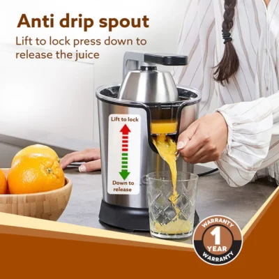 Regency Electric Citrus Juicer 350W, 650 ml, Pulp Regulator, AC Copper Motor, 2 Cones For All Citrus fruits, 2 filters, Anti Drip, Stainless Steel Body, Silver & Black - Image 3