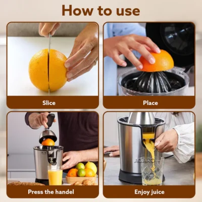 Regency Electric Citrus Juicer 350W, 650 ml, Pulp Regulator, AC Copper Motor, 2 Cones For All Citrus fruits, 2 filters, Anti Drip, Stainless Steel Body, Silver & Black - Image 2