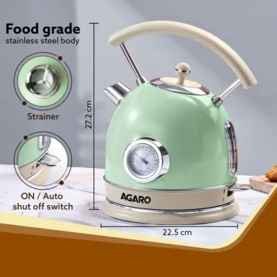 Regency Vintage Kettle 1.8L with Temperature Gauge, Hot Water Boiler & Tea Heater with Curved Handle, Visible Water Level Line, Led Light, Auto Shut-Off & Boil-Dry Protection, Green - Image 2
