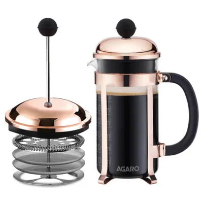 Royal French Press Coffee And Tea Maker, Borosilicate Glass Body With Sleeves, Glass Carafe, BPA Free Plastic Lid Strainer, 600Ml