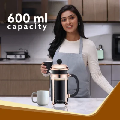 Royal French Press Coffee And Tea Maker, Borosilicate Glass Body With Sleeves, Glass Carafe, BPA Free Plastic Lid Strainer, 600Ml - Image 4