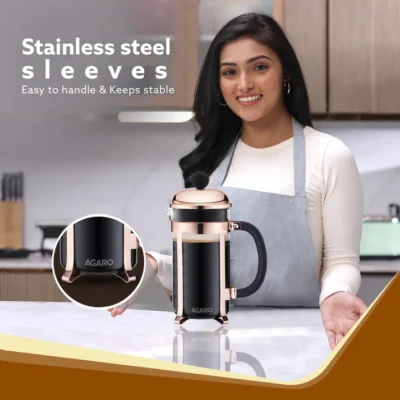 Royal French Press Coffee And Tea Maker, Borosilicate Glass Body With Sleeves, Glass Carafe, BPA Free Plastic Lid Strainer, 600Ml - Image 3