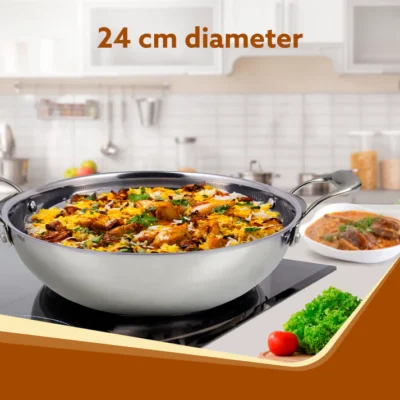 Royal Honey Comb Kadai, 2.25L Capacity, 24 cm Diameter, Gas & Induction Compatible, Tri-Ply Steel with Honey Comb Design, Riveted Handle, Food Safe & PFOA Free, Cooking, Frying, Serving, Silver - Image 4