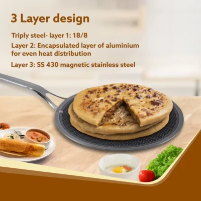 Royal Honey Comb Tawa, 26 cm Diameter, Tri-Ply Steel with Honey Comb Pattern Design, Gas & Induction Oven Compatible, Riveted Handle, Food Safe & PFOA Free, Cooking, Cookware, Silver - Image 3