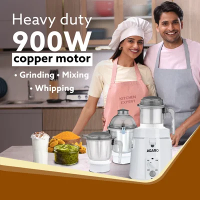 Royal Mixer Grinder 900W, Heavy Duty, 100% Pure Copper Motor, 3 Stainless Steel Jar, 3 Speed, Whip Function, Stainless Steel Blades, Wet & Dry Grinding, White - Image 4
