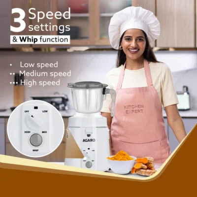 Royal Mixer Grinder 900W, Heavy Duty, 100% Pure Copper Motor, 3 Stainless Steel Jar, 3 Speed, Whip Function, Stainless Steel Blades, Wet & Dry Grinding, White - Image 3