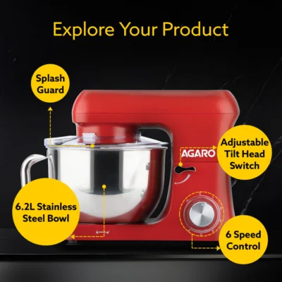 Supreme Stand Mixer 1500W with 6.2L SS Bowl, 6 Speed Setting, Pulse Function, Die Cast Aluminium Body, Pure Copper Motor, Whisking Cone, Mixing Beater & Dough Hook, Transparent Bowl Cover, Red - Image 5