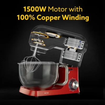 Supreme Stand Mixer 1500W with 6.2L SS Bowl, 6 Speed Setting, Pulse Function, Die Cast Aluminium Body, Pure Copper Motor, Whisking Cone, Mixing Beater & Dough Hook, Transparent Bowl Cover, Red - Image 4