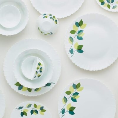 Larah by Borosil Green Leaves Silk Series Opalware Dinner Set | 35 Pieces for Family of 6 | Microwave & Dishwasher Safe | Bone-Ash Free | Crockery Set for Dining & Gifting | Plates & Bowls | White - Image 5