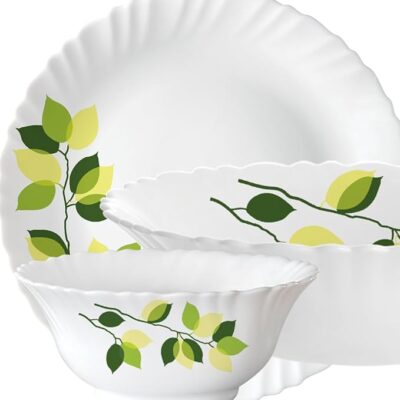 Larah by Borosil Green Leaves Silk Series Opalware Dinner Set | 35 Pieces for Family of 6 | Microwave & Dishwasher Safe | Bone-Ash Free | Crockery Set for Dining & Gifting | Plates & Bowls | White - Image 4