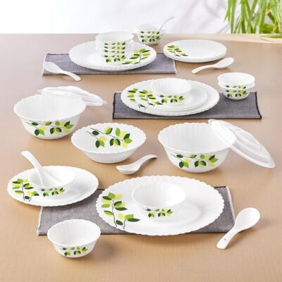 Larah by Borosil Green Leaves Silk Series Opalware Dinner Set | 35 Pieces for Family of 6 | Microwave & Dishwasher Safe | Bone-Ash Free | Crockery Set for Dining & Gifting | Plates & Bowls | White