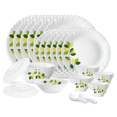 Larah by Borosil Green Leaves Silk Series Opalware Dinner Set | 35 Pieces for Family of 6 | Microwave & Dishwasher Safe | Bone-Ash Free | Crockery Set for Dining & Gifting | Plates & Bowls | White - Image 3