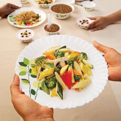 Larah by Borosil Green Leaves Silk Series Opalware Dinner Set | 35 Pieces for Family of 6 | Microwave & Dishwasher Safe | Bone-Ash Free | Crockery Set for Dining & Gifting | Plates & Bowls | White - Image 2